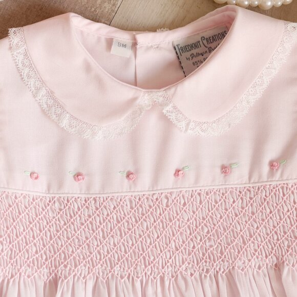Pink Smocked Lace Dress Set Embroidery Vintage Feltman Brothers 3 Months - Picture 5 of 5
